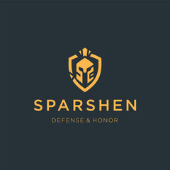 Spartan and Shield Logo – Spartan warrior with shield in line art for power and defense.