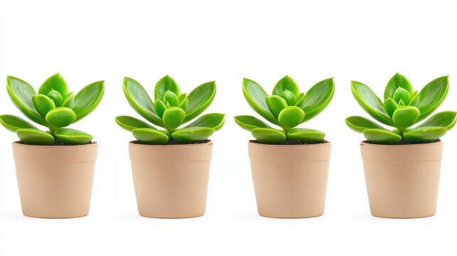 Four vibrant green succulent plants in small terracotta pots are arranged neatly in a row against a clean white background offe a simple yet visually appealing image. - Powered by Adobe