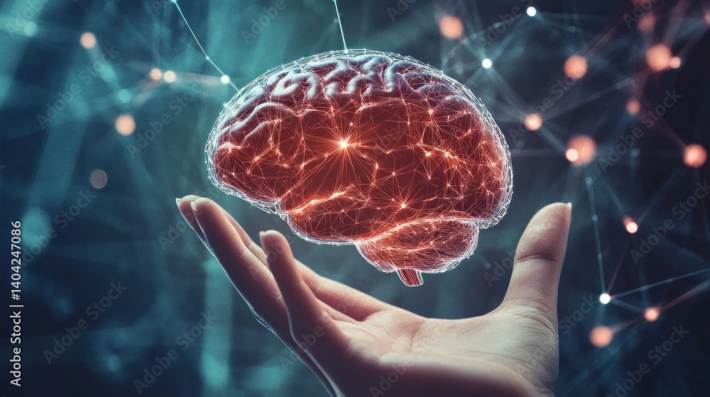 Poster conceptual image showcasing human brain in the palm of hand representing the power of mind, intellig