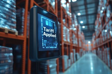 Tariff applied notification displayed in a modern warehouse during daylight hours