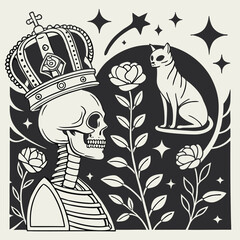 Gothic Halloween Collage Elements with Halftone Texture – Vintage Stippled Illustrations of Crown, Statue, Skeleton, Eyes, Cat, and Flowers