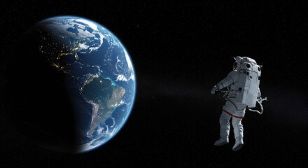 Pixelated Astronaut Floating near Earth in Dark Space with Scattered Stars and City Lights