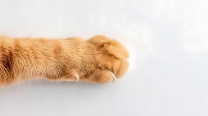 Close-up of an orange cat's fluffy paw with long claws on a white background, isolated on the left side of the image, with full visibility of the tail and paws, perfect for animal lovers and pet care 