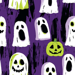 Seamless Halloween and witchcraft-themed patterns with ghosts, aliens, stars, tarot cards, vintage locks, magical objects, and mystical elements in playful and spooky styles.