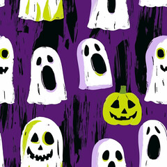 Seamless Halloween and witchcraft-themed patterns with ghosts, aliens, stars, tarot cards, vintage locks, magical objects, and mystical elements in playful and spooky styles.