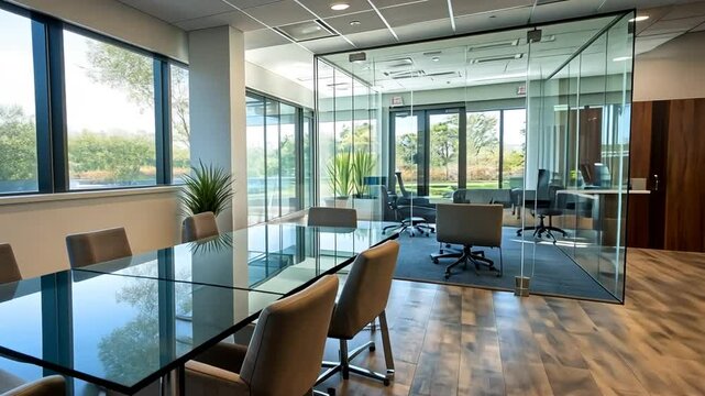 A well lit office space showcasing a conference room with glass walls and natural light