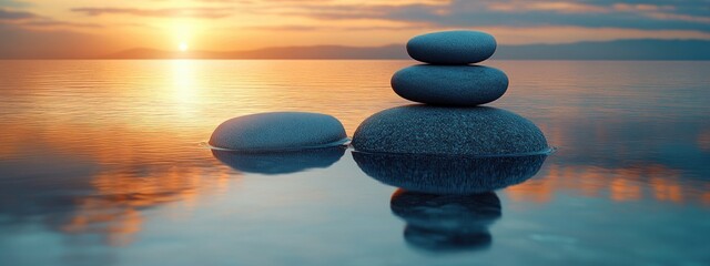 Balance of Stones at Sunset over Calm Water