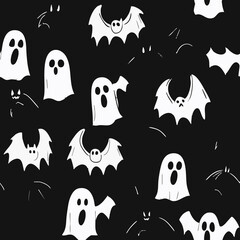 Seamless Halloween and witchcraft-themed patterns with ghosts, aliens, stars, tarot cards, vintage locks, magical objects, and mystical elements in playful and spooky styles.