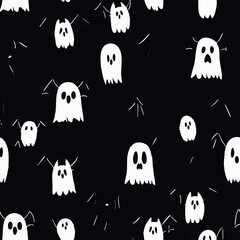 Seamless Halloween and witchcraft-themed patterns with ghosts, aliens, stars, tarot cards, vintage locks, magical objects, and mystical elements in playful and spooky styles.