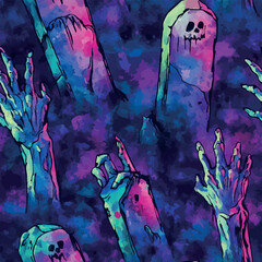 Seamless Halloween and witchcraft-themed patterns with ghosts, aliens, stars, tarot cards, vintage locks, magical objects, and mystical elements in playful and spooky styles.