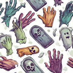 Seamless Halloween and witchcraft-themed patterns with ghosts, aliens, stars, tarot cards, vintage locks, magical objects, and mystical elements in playful and spooky styles.