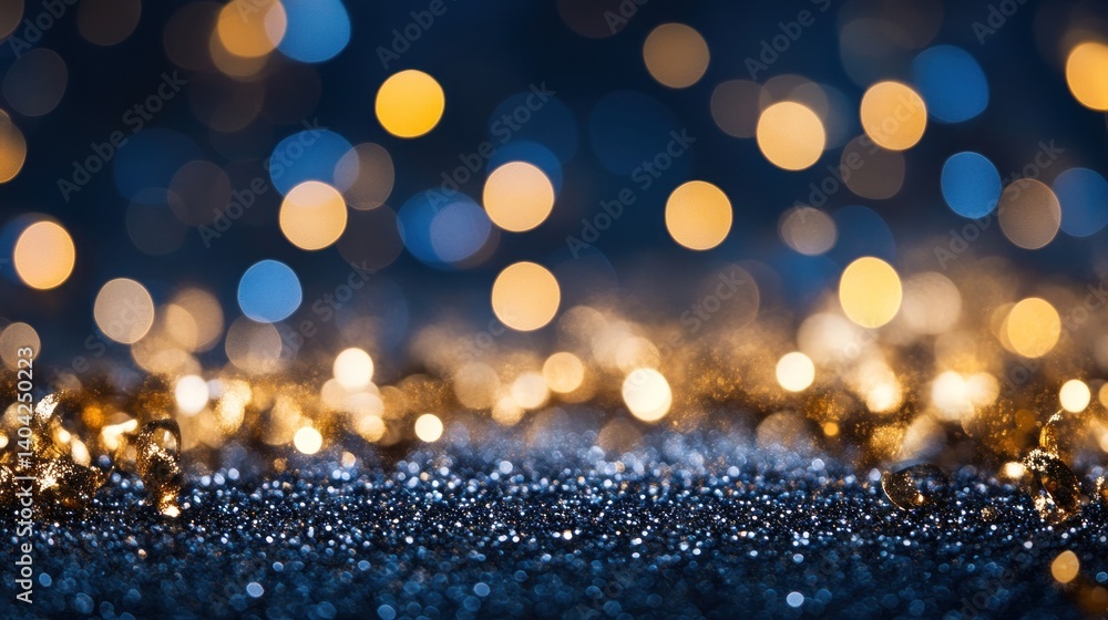 Poster a captivating symphony of blue and gold shimmer unfolding in a mesmerizing bokeh display that is rem