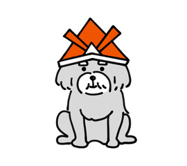 赤い折り紙の兜を被ったおじいちゃん犬