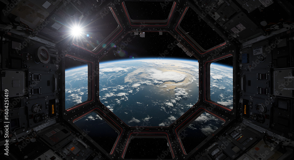 Poster earth from space station window with blue planet and sun glimmering through clouds in outer space