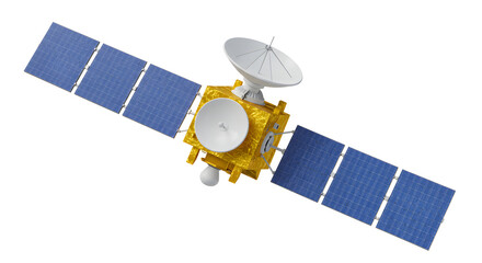 Detailed Spacecraft with Blue Solar Panels and White Antenna Isolated on White Background