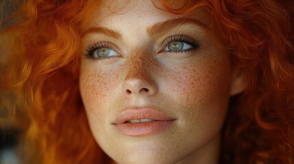 A hopeful contemplative woman with red hair in her 60s gazing upward dreaming of the future