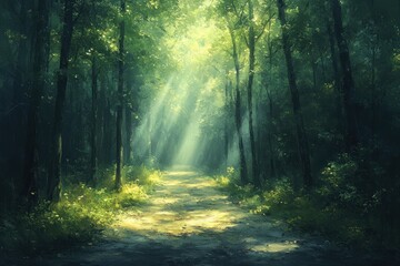 Obraz premium Verdant Forest Scene with Sunlight and Mystical Atmosphere