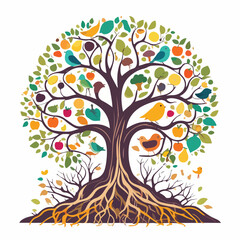  tree icon with visible roots underground and branches above, roots filled with mushrooms and worms, branches filled with birds and fruits.