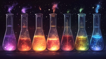 Mystical laboratory: Colorful Erlenmeyer flasks illuminated against a cosmic backdrop
