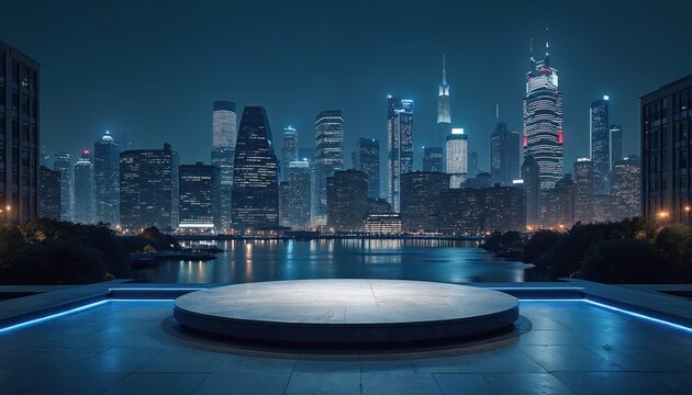 Round platform stage with city skyline at night. Modern cityscape with skyscrapers reflecting in water. Dramatic night scene. Ideal product display background backdrop for advertising presentations.