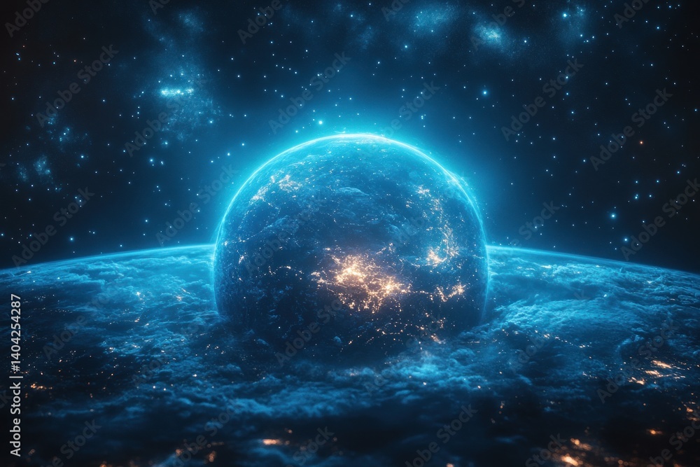 Poster global network connectivity and communication lines around earth from space with city lights and cos