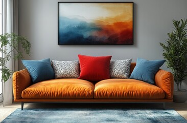 Scandinavian Living Room Design with Modern Sofa and Abstract Art