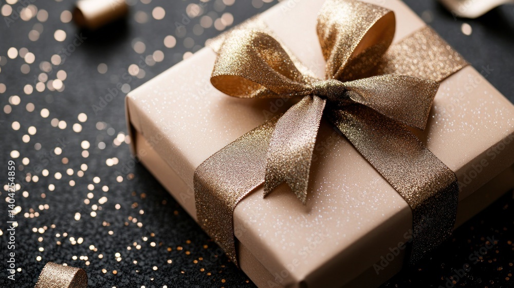 Aufkleber a beautifully wrapped gift with a shimmering gold ribbon and bow resting on a dark textured surface 