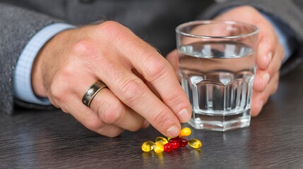 A man in a suit takes medication with a glass of water sitting at a dark wooden desk.