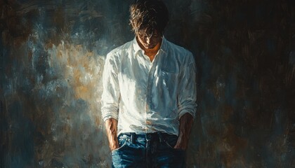 Obraz premium Woman Struggling with Obesity and Weight Loss Goals Embracing Body Positivity in White Shirt and Blue Jeans