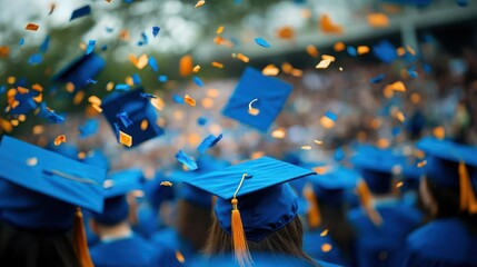 Graduation ceremony with caps in the air