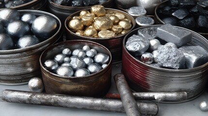 Several metal tins contain various metallic spheres and ingots gold silver lead and other metals in a studio setting.