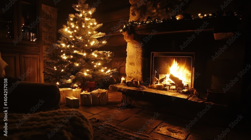 Poster cozy christmas ambiance captured with a luminous tree a crackling fireplace and neatly wrapped prese