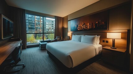 Modern Hotel Room Interior with City View and Comfortable King Bed
