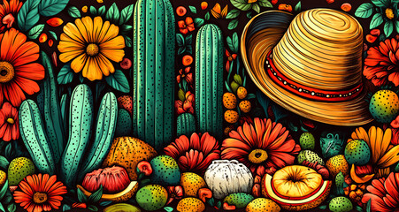 Vibrant Cinco de Mayo background. Stylized Mexican elements: cacti, sombrero, fruit, flowers. Festive, colorful cartoon art. Perfect for holiday designs, invitations.