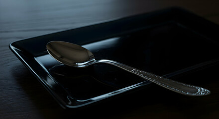 Elegant Silver Spoon On Dark Polished Plate