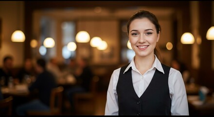 Smiling waitress in a restaurant setting, ready to serve customers