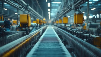 Naklejka premium A wideangle view of a textile factory with rows of looms and workers, Textile Manufacturing, Active and productive