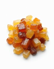 Close-up of myrrh cubes isolated white background. Natural gum resin from Commiphora tree. Aromatic, fragrance ingredient use for therapy, religious, aromatherapy, incense, perfume oil, traditional