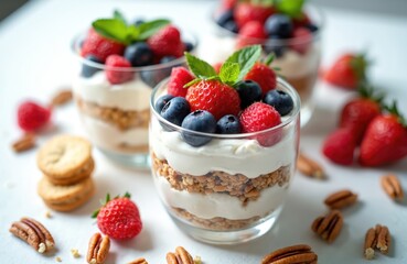 Vegan dessert in glasses with berries mint nuts and whipped cream. Healthy sugar gluten lactose free breakfast. Fresh strawberry raspberry blueberry trifle parfait.