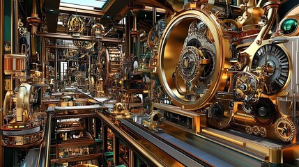 Intricate golden gears, intricate machine,  elaborate factory