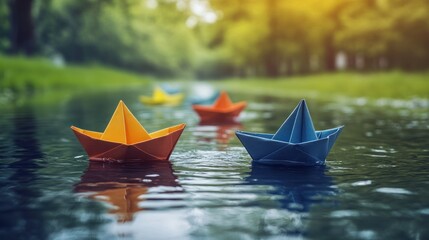 Fototapeta premium Colorful paper boats on a canal, park background, sunlight
