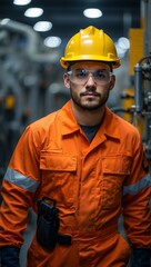 Industrial worker in protective gear stands in a factory setting.