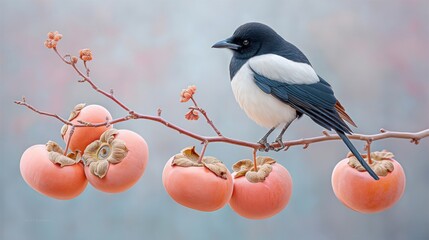A striking bird perched on a branch with vibrant persimmons, set against a soft, blurred background, showcasing nature's beauty and harmony.