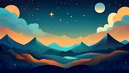 Obraz premium mountains and hills at night- Flat design landscape with starry sky with clouds