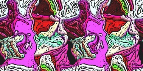 Modern marbled boho seamless border pattern. Funky wavy fashion background banner design. Painterly swirl effect for summer retro 80s vibes wash tape and edging trim.