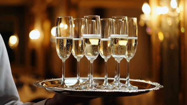 Waiter elegantly serving champagne glasses on silver tray representing celebration against blurred luxury event background