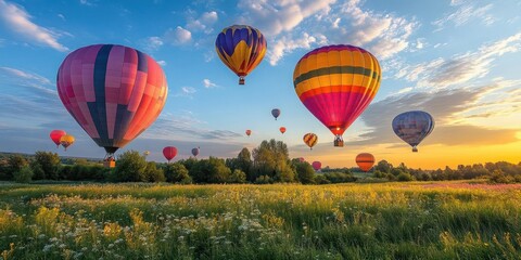 Obraz premium Colorful hot air balloons soar over a vibrant field at sunrise