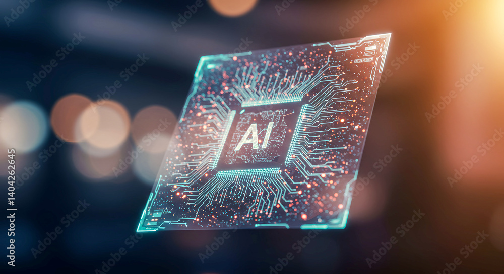 Poster glowing circuit board processing data streams bokeh background