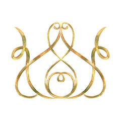 Gold crown with ribbons of vibrant ornament collection. Curls, ribbons elements hand-painted in watercolor with gold paint accents. Isolate is presented for textiles, wallpaper, prints, packaging