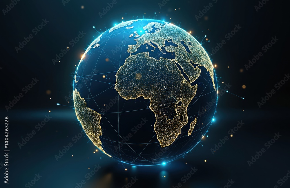 Poster digital illustration globe with network on dark background. planet earth connection points represent